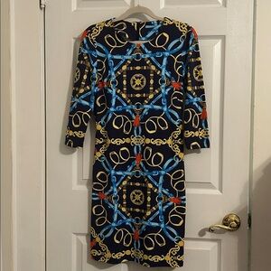 J. McLaughlin Sophia Midi Dress Navy/Gold Size Medium Heraldic Tassel Print XS